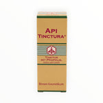Bienenprodukte Shop API-Tinctura mit Propolis, Arnika und Kamille in einer beigen 20 ml Umverpackung zur Mundpflege.