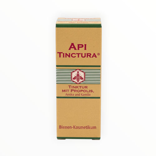 Bienenprodukte Shop API-Tinctura mit Propolis, Arnika und Kamille in einer beigen 20 ml Umverpackung zur Mundpflege.
