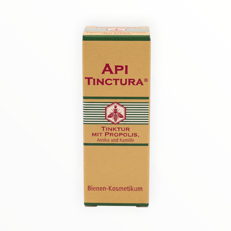Bienenprodukte Shop API-Tinctura mit Propolis, Arnika und Kamille in einer beigen 20 ml Umverpackung zur Mundpflege.