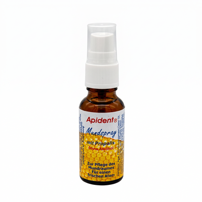 Bienenprodukte Shop APIDENT Mundspray mit Propolis in einer 20 ml Braunglasflasche mit Sprühkopf für frischen Atem