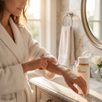 Frau in weißem Bademantel trägt Bienenprodukte Shop ApiSupreme Women Bodylotion mit Honig auf ihren Arm auf.