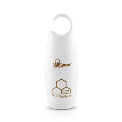 Bienenprodukte Shop ApiSupreme Duschgel für Damen mit Honig in weißer Flasche mit praktischem Hängeverschluss