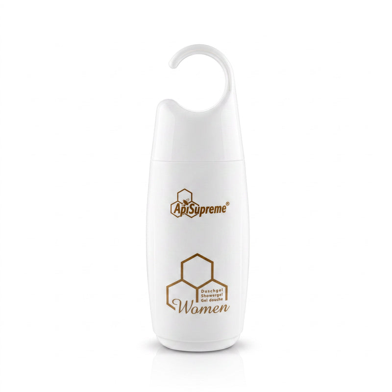 Bienenprodukte Shop ApiSupreme Duschgel für Damen mit Honig in weißer Flasche mit praktischem Hängeverschluss