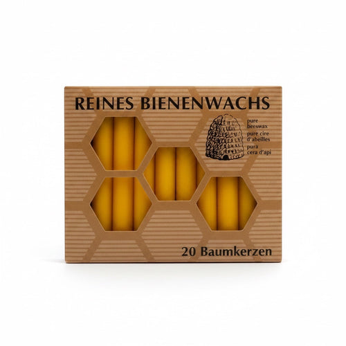 Bienenprodukte Shop 20 goldgelbe Baumkerzen aus 100 Prozent Bienenwachs in einer dekorativen Waben-Verpackung