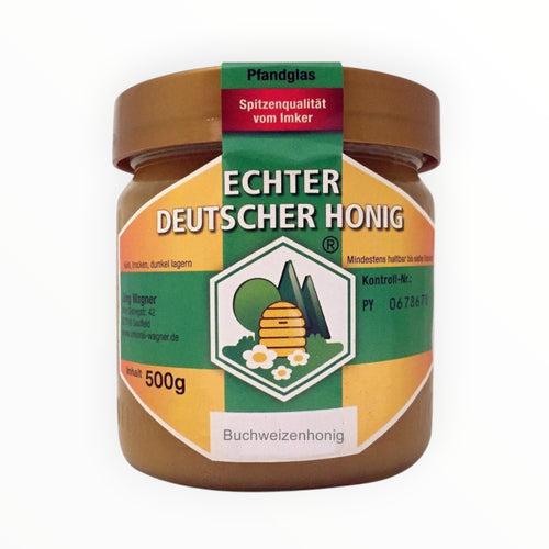 Bienenprodukte Shop Blütenhonig mit Buchweizen im 500g DIB Einheitsglas mit grünem Etikett und goldfarbenem Deckel