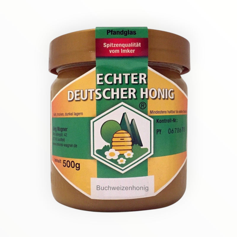 Bienenprodukte Shop Blütenhonig mit Buchweizen im 500g DIB Einheitsglas mit grünem Etikett und goldfarbenem Deckel