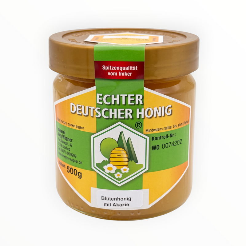 Bienenprodukte Shop Blütenhonig mit Akazie im 500g Glas mit kristalliner Struktur und grünem Etikett