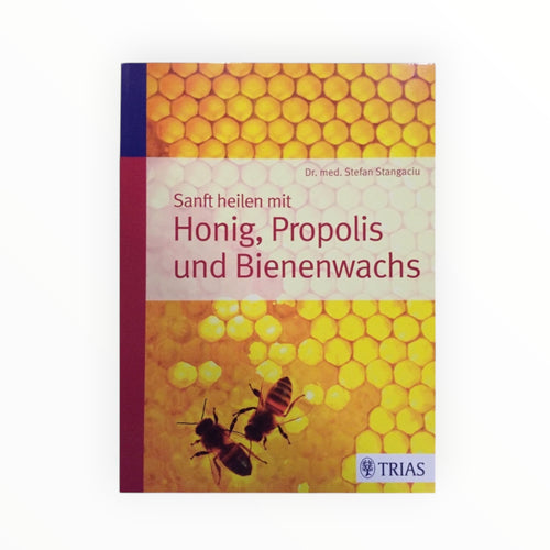 Buch Sanft heilen mit Honig, Propolis und Bienenwachs von Bienenprodukte Shop mit Bienenwaben-Hintergrund