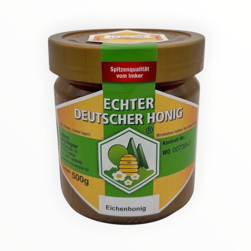 Bienenprodukte Shop Eichenhonig im 500g Glas mit Etikett für Echten Deutschen Honig und braunem Deckel