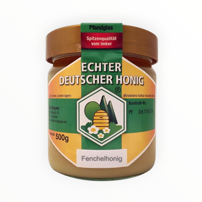 Bienenprodukte Shop Fenchelhonig im 500g DIB-Einheitsglas mit gelber, feincremiger Honigkonsistenz.