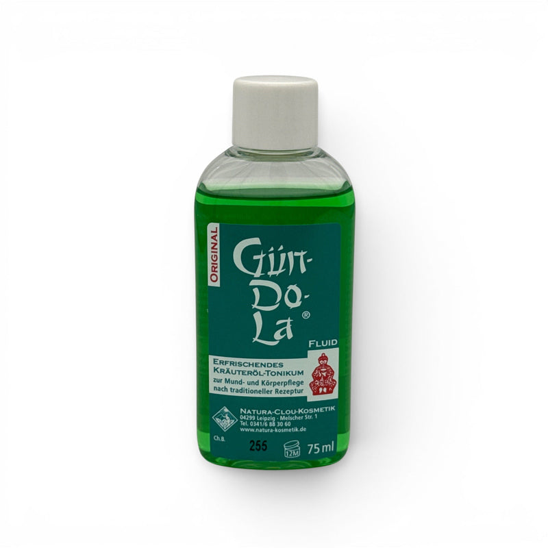Bienenprodukte Shop GÜN-DO-LA Kräuteröl-Tonikum in einer 75 ml Flasche mit grüner Flüssigkeit und weißem Verschluss