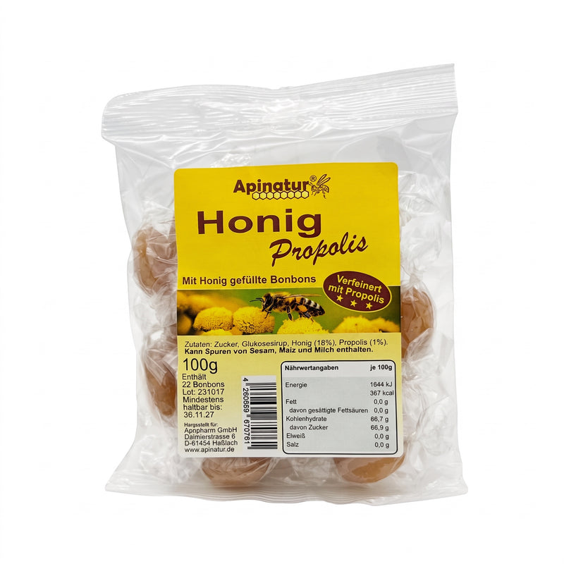 Bienenprodukte Shop Honigbonbons mit Propolis in 100g Tüte von Apinatur mit natürlichem Honiggeschmack