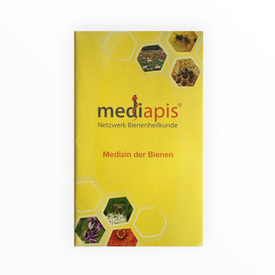 Bienenprodukte Shop Broschüre Mediapis Medizin der Bienen mit gelbem Cover und Bienen-Motiven