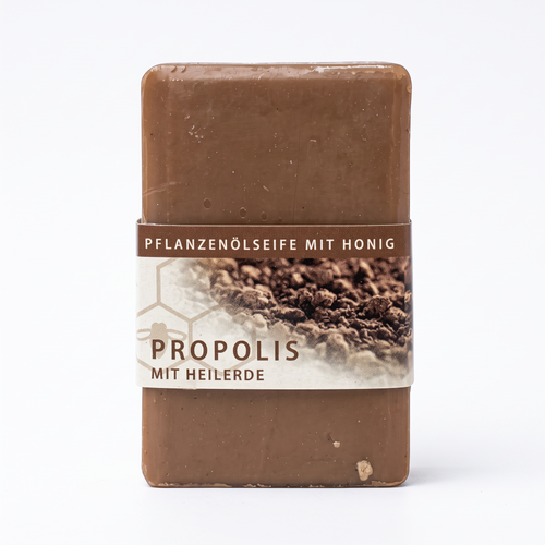 Bienenprodukte Shop Propolis-Honigseife mit Heilerde in braunem Blockformat für die sanfte Körperpflege