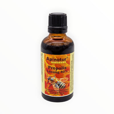 Bienenprodukte Shop Propolislösung 40% in einer braunen 50ml Tropfflasche mit Bienen-Etikett