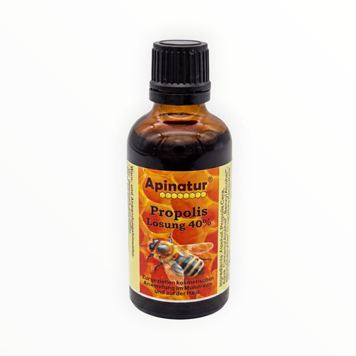 Bienenprodukte Shop Propolislösung 40% in einer braunen 50ml Tropfflasche mit Bienen-Etikett
