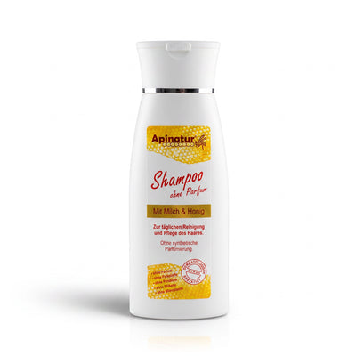 Bienenprodukte Shop Shampoo mit Milch und Honig, parfumfrei, in weißer 200 ml Flasche für empfindliche Kopfhaut.