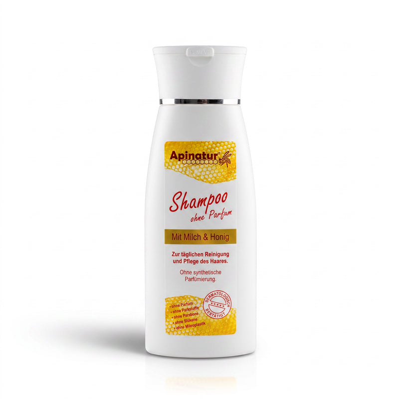 Bienenprodukte Shop Shampoo mit Milch und Honig, parfumfrei, in weißer 200 ml Flasche für empfindliche Kopfhaut.