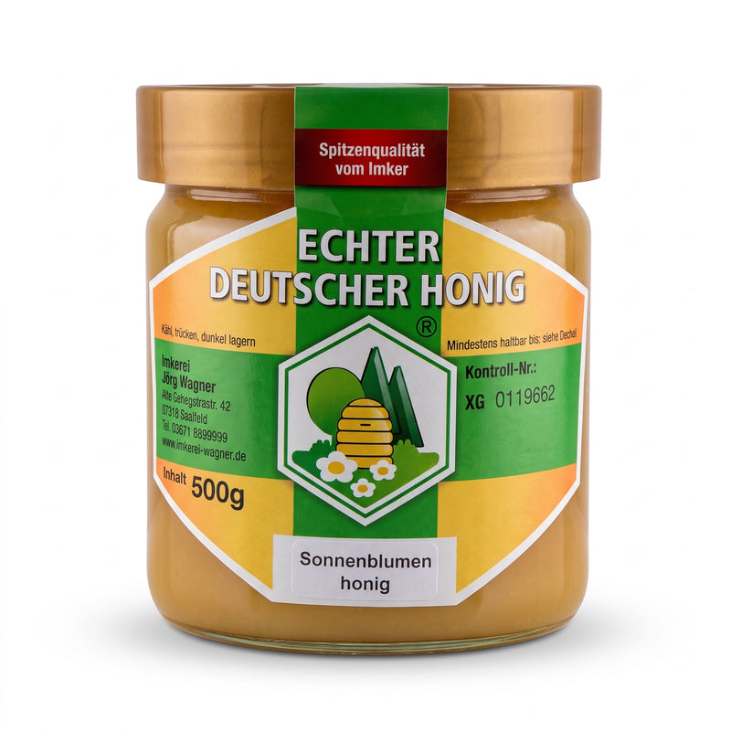 Cremiger Sonnenblumenhonig im 500g Glas von Bienenprodukte Shop mit orange-gelber Farbe und aromatischem Geschmack