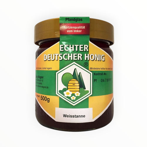 Bienenprodukte Shop Tannenhonig im 500g Pfandglas mit Etikett für Echten Deutschen Honig aus Weisstanne