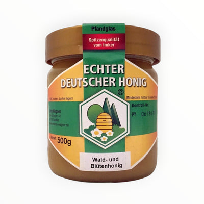 Bienenprodukte Shop Wald- und Blütenhonig im 500g Glas mit Etikett Echter Deutscher Honig