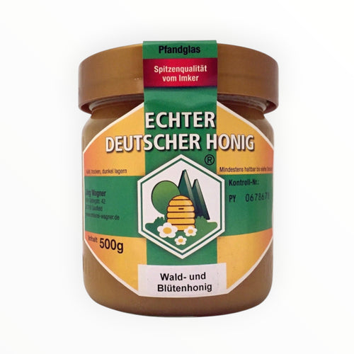 Bienenprodukte Shop Wald- und Blütenhonig im 500g Glas mit Etikett Echter Deutscher Honig