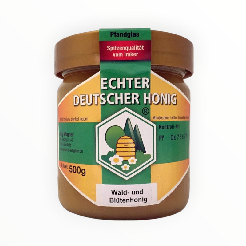 Bienenprodukte Shop Wald- und Blütenhonig im 500g Glas mit Etikett Echter Deutscher Honig